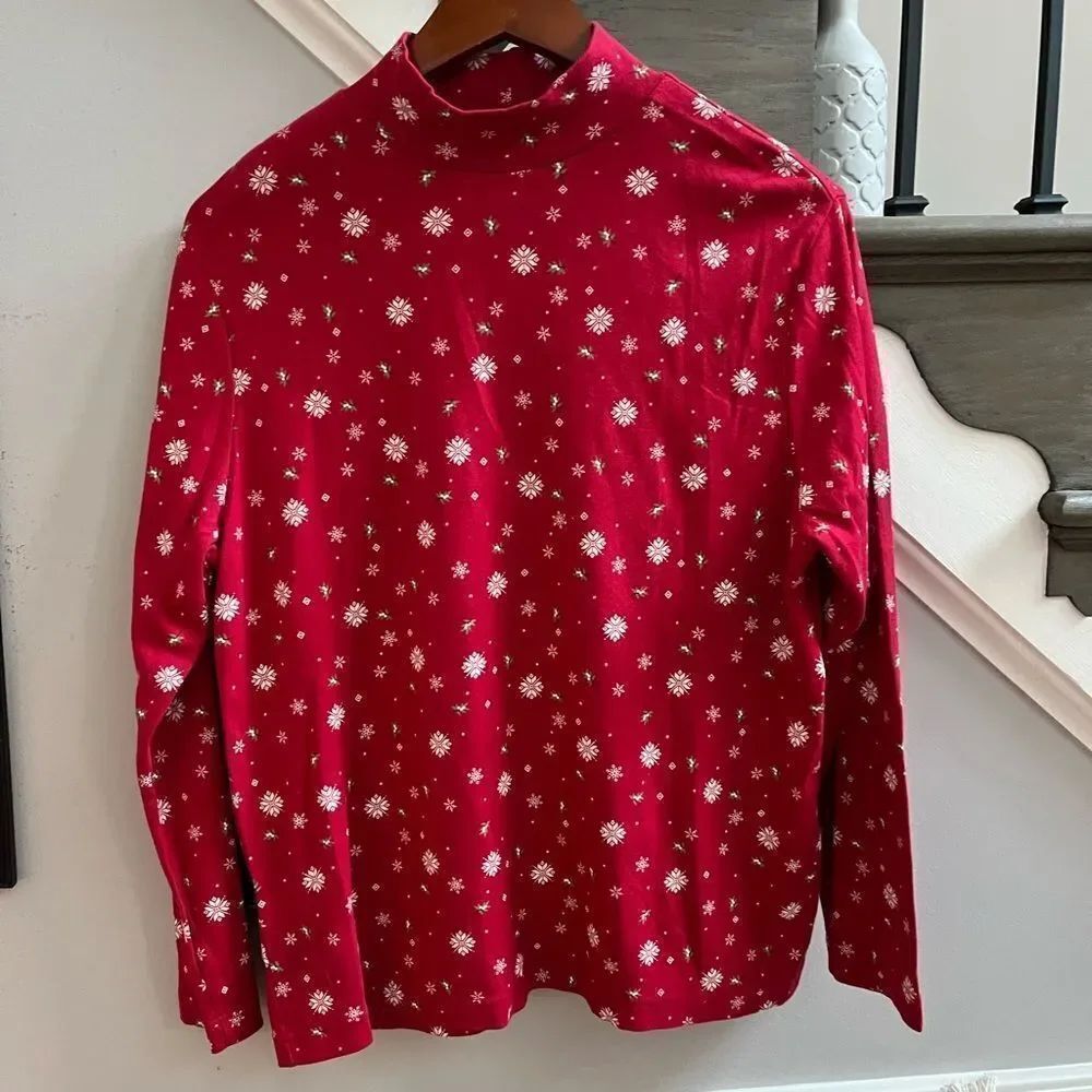 Croft & Barrow Red Snowflake & Mistletoe Mock Neck sz PXL